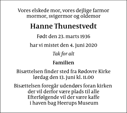 Dødsannoncen for Hanne Thunestvedt - Frederiksberg C
