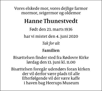 Dødsannoncen for Hanne Thunestvedt - Frederiksberg C
