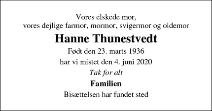 Dødsannoncen for Hanne Thunestvedt - Frederiksberg C