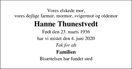 Dødsannoncen for Hanne Thunestvedt - Frederiksberg C