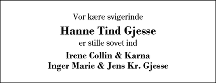 Dødsannoncen for Hanne Tind Gjesse - HERNING