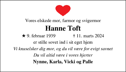 Dødsannoncen for Hanne Toft - Ikast 