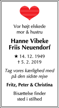 Dødsannoncen for Hanne Vibeke
Friis Neuendorf - København Ø