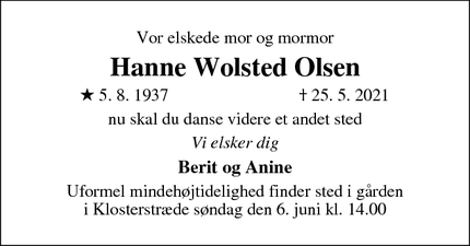 Dødsannoncen for Hanne Wolsted Olsen - København