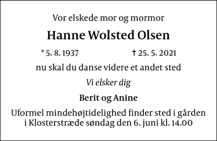 Dødsannoncen for Hanne Wolsted Olsen - København