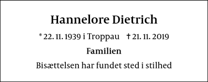 Dødsannoncen for Hannelore Dietrich - København K