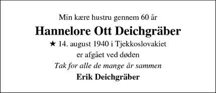 Dødsannoncen for Hannelore Ott Deichgräber - Odense 