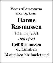 Dødsannoncen for Hanne
Rasmussen - ingen
