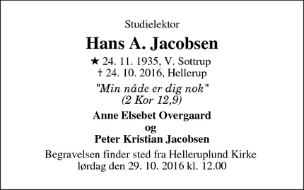 Dødsannoncen for Hans A. Jacobsen - Hellerup