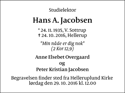 Dødsannoncen for Hans A. Jacobsen - Hellerup