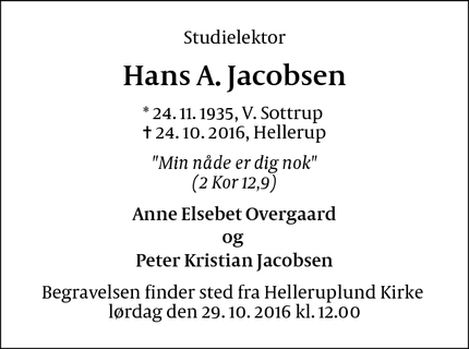 Dødsannoncen for Hans A. Jacobsen - Hellerup