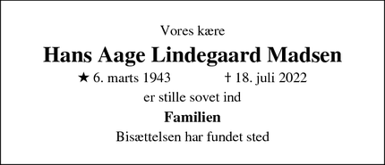 Dødsannoncen for Hans Aage Lindegaard Madsen - odense