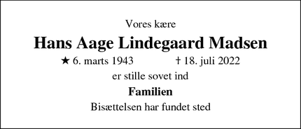 Dødsannoncen for Hans Aage Lindegaard Madsen - odense