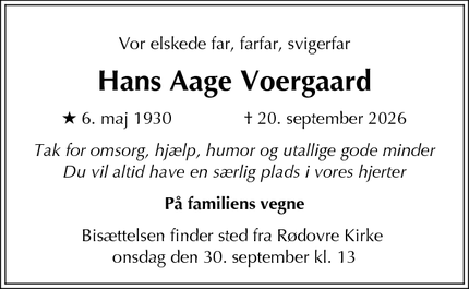Dødsannoncen for Hans Aage Voergaard - Allerød