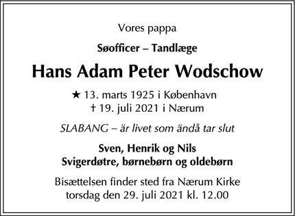 Dødsannoncen for Hans Adam Peter Wodschow - Oksbøl