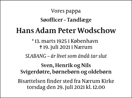 Dødsannoncen for Hans Adam Peter Wodschow - Oksbøl