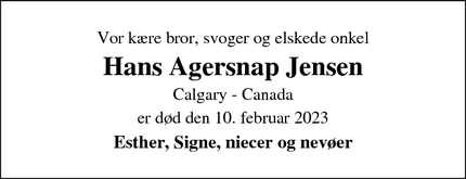 Dødsannoncen for Hans Agersnap Jensen - Calgary
