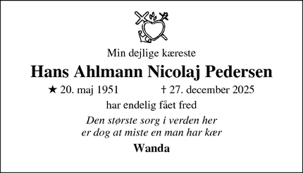 Dødsannoncen for Hans Ahlmann Nicolaj Pedersen - Rønne