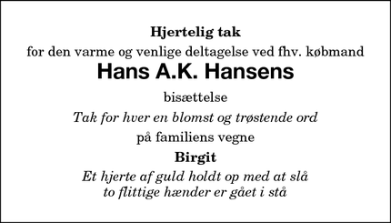 Taksigelsen for Hans A.K. Hansens - Væggerløse