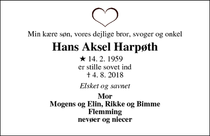 Dødsannoncen for Hans Aksel Harpøth - smørblomsten 19, 6950 Ringkøbing
