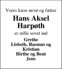 Dødsannoncen for Hans Aksel Harpøth - Ringkøbing
