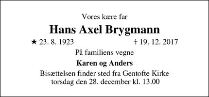 Dødsannoncen for Hans Axel Brygmann - Roskilde
