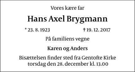 Dødsannoncen for Hans Axel Brygmann - Roskilde