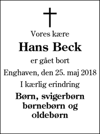 Dødsannoncen for Hans Beck - Rødding