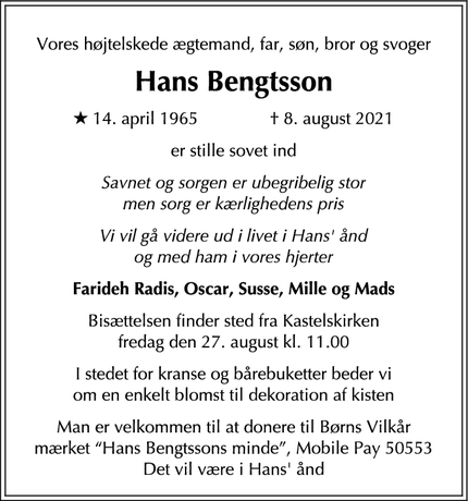 Dødsannoncen for Hans Bengtsson - København S
