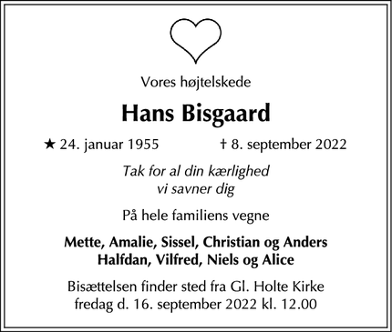 Dødsannoncen for Hans Bisgaard - Klampenborg