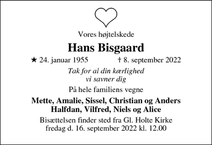Dødsannoncen for Hans Bisgaard - Klampenborg