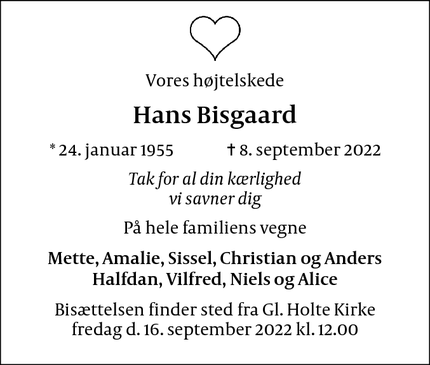 Dødsannoncen for Hans Bisgaard - Klampenborg