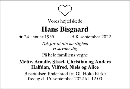 Dødsannoncen for Hans Bisgaard - Klampenborg