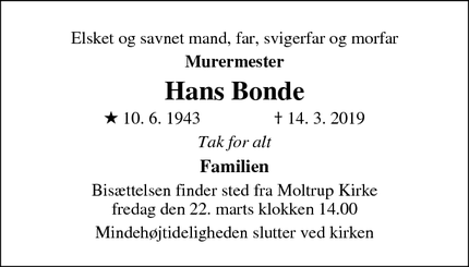 Dødsannoncen for Hans Bonde - Haderslev