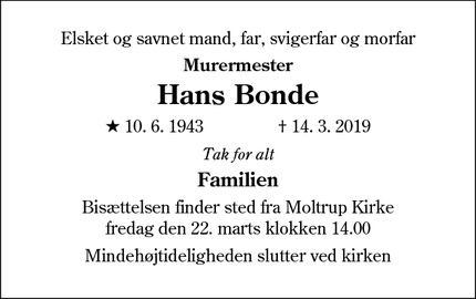 Dødsannoncen for Hans Bonde - Haderslev