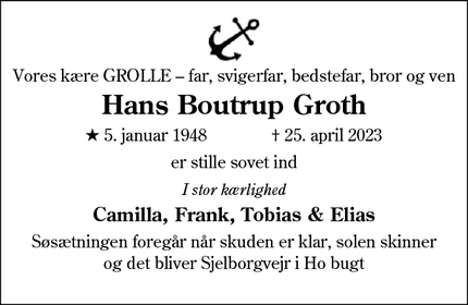 Dødsannoncen for Hans Boutrup Groth - Nordby Fanø