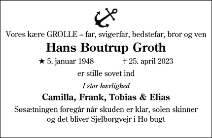 Dødsannoncen for Hans Boutrup Groth - Nordby Fanø
