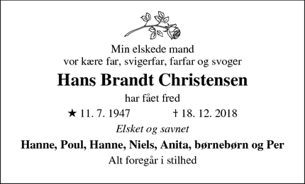 Dødsannoncen for Hans Brandt Christensen - Skive