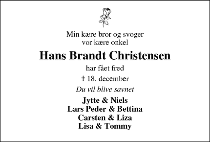 Dødsannoncen for Hans Brandt Christensen - Skive