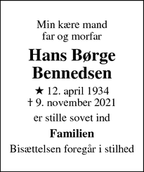 Dødsannoncen for Hans Børge Bennedsen - København Ø