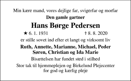 Dødsannoncen for Hans Børge Pedersen  - Assens