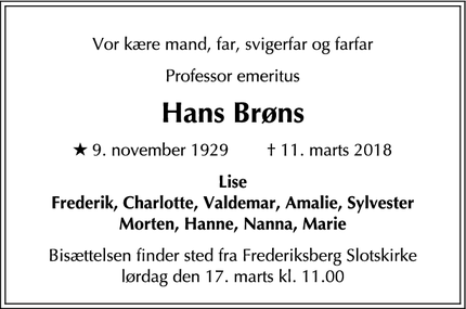 Dødsannoncen for Hans Brøns - Frederiksberg