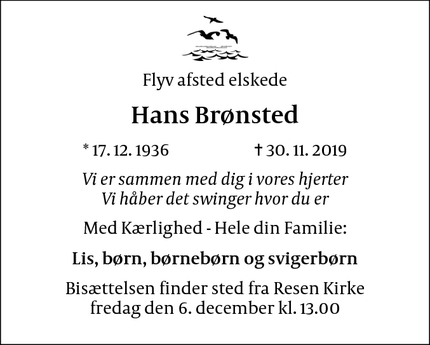 Dødsannoncen for Hans Brønsted - Struer