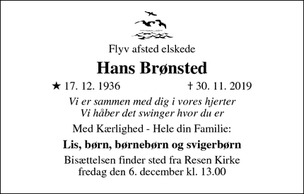 Dødsannoncen for Hans Brønsted - Struer