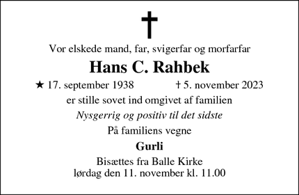 Dødsannoncen for Hans C. Rahbek - Silkeborg, tidligere Them