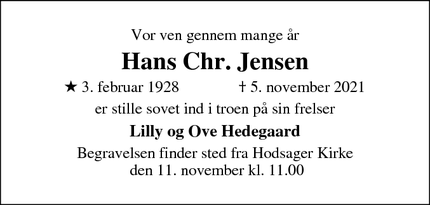 Dødsannoncen for Hans Chr. Jensen - Hodsager