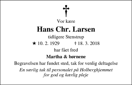 Dødsannoncen for Hans Chr. Larsen - Sorø