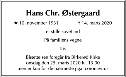 Dødsannoncen for Hans Chr. Østergaard - Birkerød
