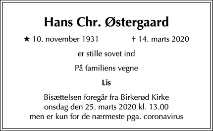 Dødsannoncen for Hans Chr. Østergaard - Birkerød