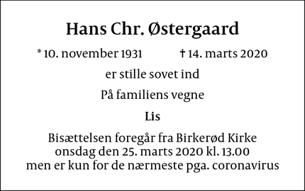 Dødsannoncen for Hans Chr. Østergaard - Birkerød